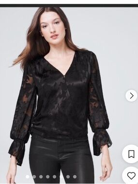 WHBM Black Sheer Floral Burnout StyleV-Neck Blouse, Size 6